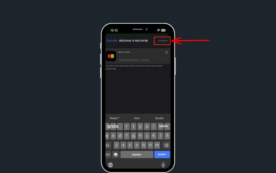Tela de confirmação 'Adicionar à tela inicial' de um iPhone, mostrando o ícone e o endereço do site da Betboom, com o botão 'Adicionar' em destaque.