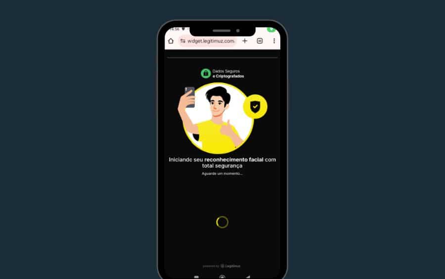 Etapa de verificação de identidade (KYC) da Jonbet no celular, mostrando a tela da Legitimuz 'Iniciando seu reconhecimento facial com total segurança'.