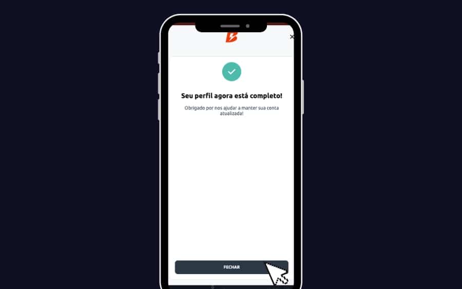 Tela de sucesso com ícone verde confirmando que o perfil está completo e verificado.