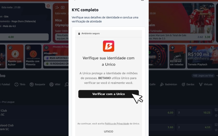 Janela pop-up no site da Betano com o título "Complete o seu Perfil" e botão para iniciar verificação com a Unico.