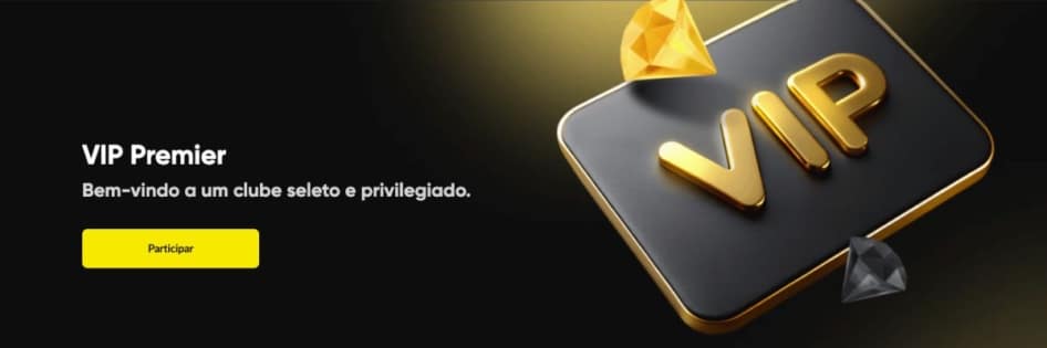 Banner do programa VIP Premier da Betboom, com as letras VIP em dourado sobre um fundo preto e diamantes, representando o status de elite