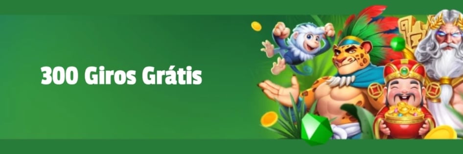 Banner verde das Rodadas Grátis Brazino777 com o texto “300 Giros Grátis” e mascotes coloridos de caça-níqueis ao lado.