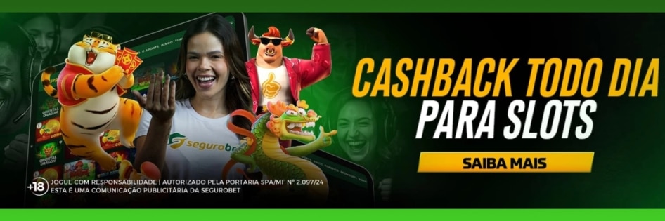 Banner Cashback Diário Segurobet com destaque para 5% de volta nas perdas em slots todos os dias.