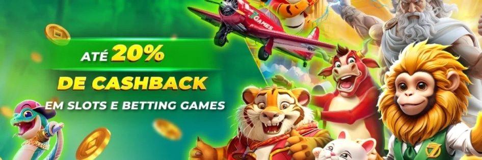 Banner da promoção Cashback 7Games, com texto “até 20% de cashback em slots e betting games” e mascotes coloridos em destaque.