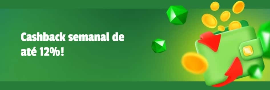 Banner da promoção Cashback Brazino777, destacando até 12% de cashback semanal nas apostas de cassino online.