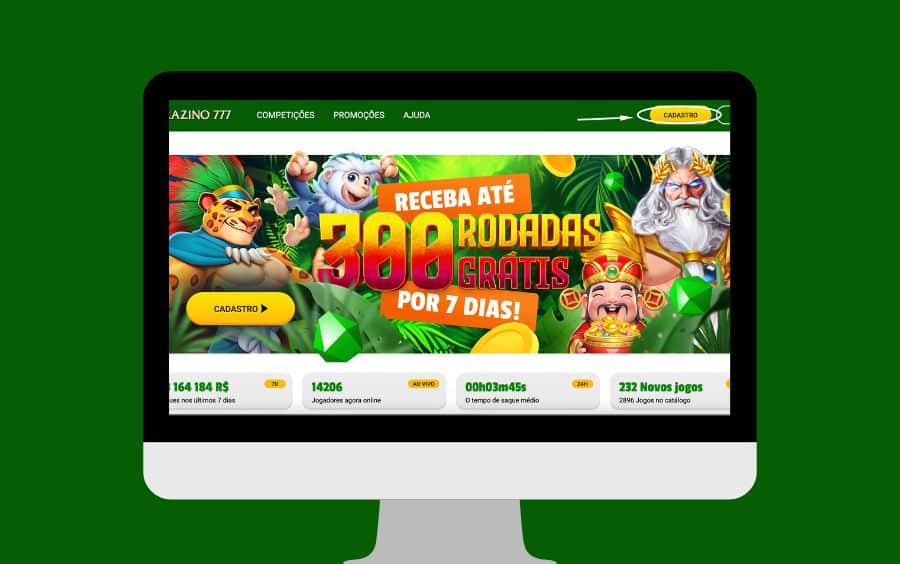 Tela do site Brazino777 em um computador, com o banner “Receba até 300 rodadas grátis por 7 dias” e botão de cadastro em destaque.