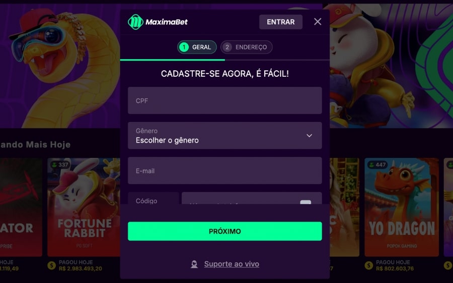 Primeira etapa do formulário de cadastro na MaximaBet solicitando preenchimento de CPF, Gênero, E-mail e Telefone.
