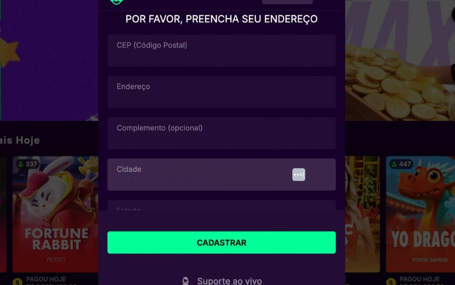 Segunda tela de registro da MaximaBet com campos para preencher CEP, Endereço e Cidade para validação de residência.