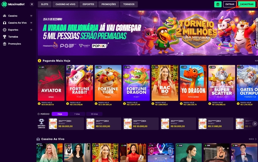 Página inicial do site oficial da MaximaBet com destaque para o botão de cadastro no canto superior direito.