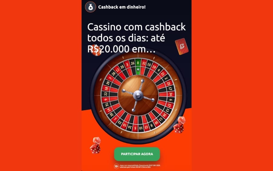 Banner promocional do Cashback Betano Diário com roleta de cassino, texto “cassino com cashback todos os dias até R$ 20.000” e botão “Participar agora”.