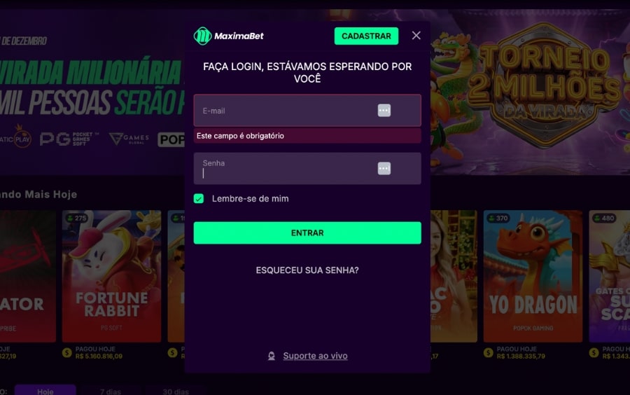 Janela de login da MaximaBet com campos para digitar e-mail ou usuário e a senha cadastrada.