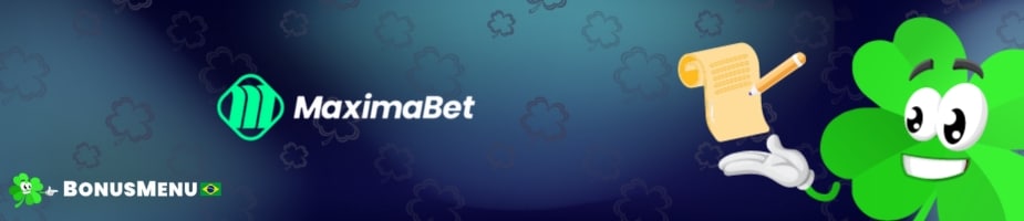 Banner “Cadastro MaximaBet” com logo da MaximaBet e do BonusMenu, mascote de trevo segurando um pergaminho em fundo azu.