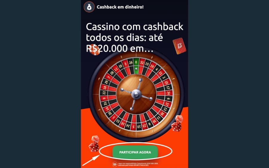 Banner da promoção de Cashback Diário no app da Betano com uma seta indicando o botão verde 'Participar Agora', ação obrigatória para ativar o reembolso.