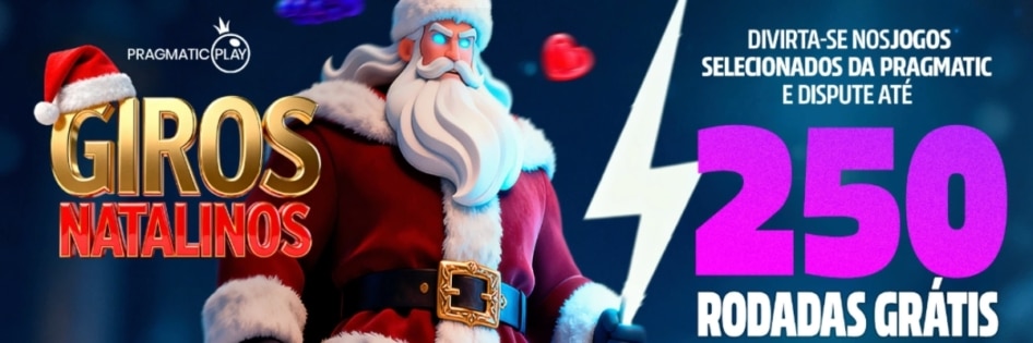 Banner da promoção Giros Natalinos Luva.BET com Papai Noel da Pragmatic Play e destaque para até 250 rodadas grátis.
