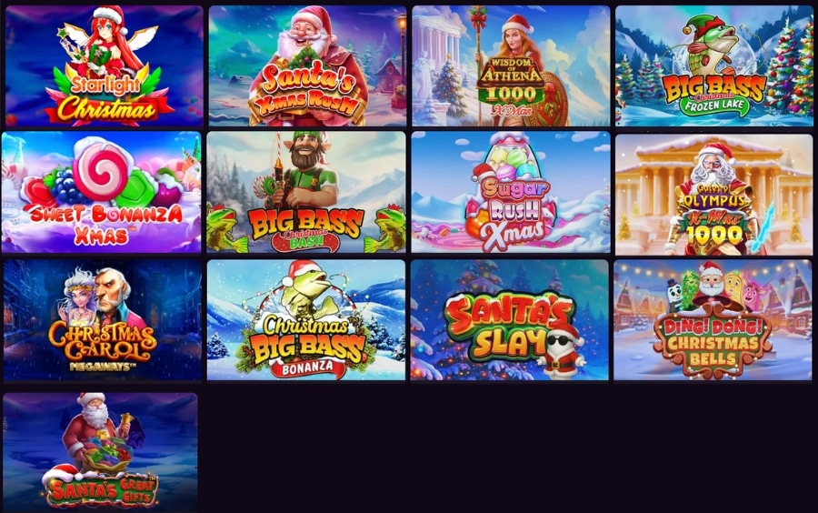 Grade de slots de Natal da Pragmatic Play na Luva.BET, exibindo jogos como Sugar Rush Xmas, Big Bass Christmas, Sweet Bonanza Xmas e outros títulos natalinos.