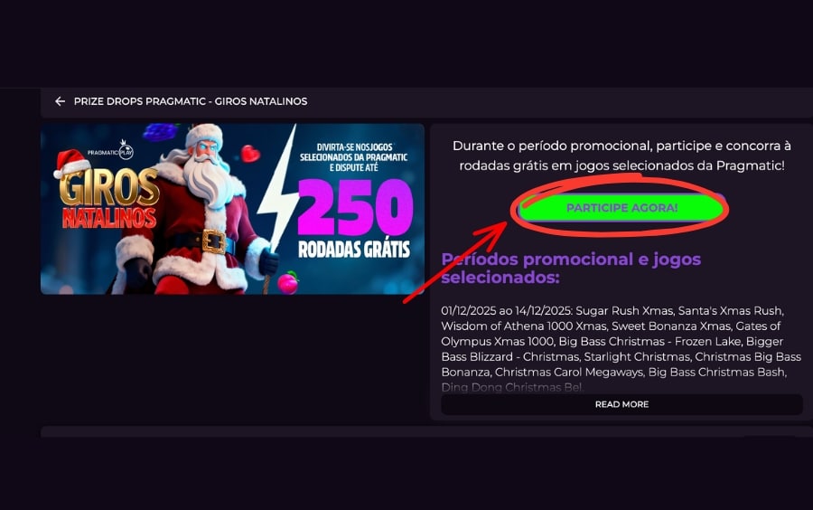 Tela da promoção Giros Natalinos Luva.BET mostrando o banner da Pragmatic Play com 250 rodadas grátis e o botão verde “PARTICIPE AGORA” destacado em vermelho.