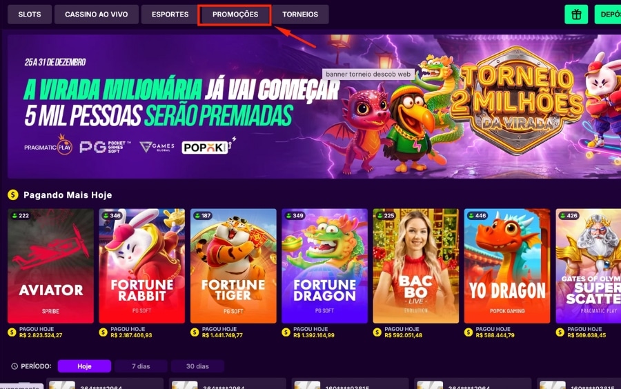 Aba Promoções destacada no topo do site da MaximaBet, mostrando o menu de navegação para acessar as ofertas e torneios.