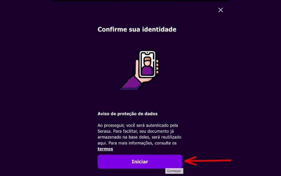 Janela pop-up de 'Confirme sua identidade' informando que a autenticação é realizada pela base de dados da Serasa.
