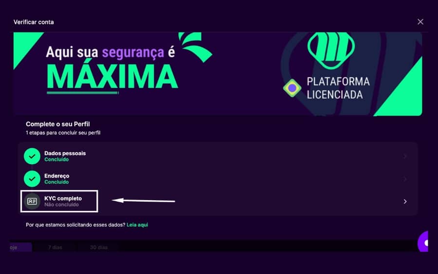 Menu do perfil de usuário na MaximaBet exibindo o status de KYC não concluído e a opção 'Verificar conta' destacada.