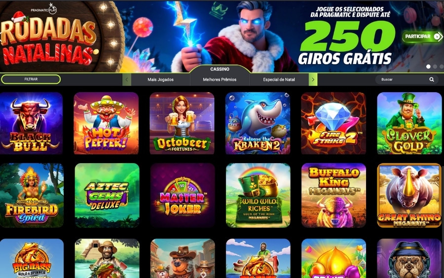 Lobby de cassino da F12.Bet com banner de giros grátis e slots selecionados para a promoção Pragmatic.