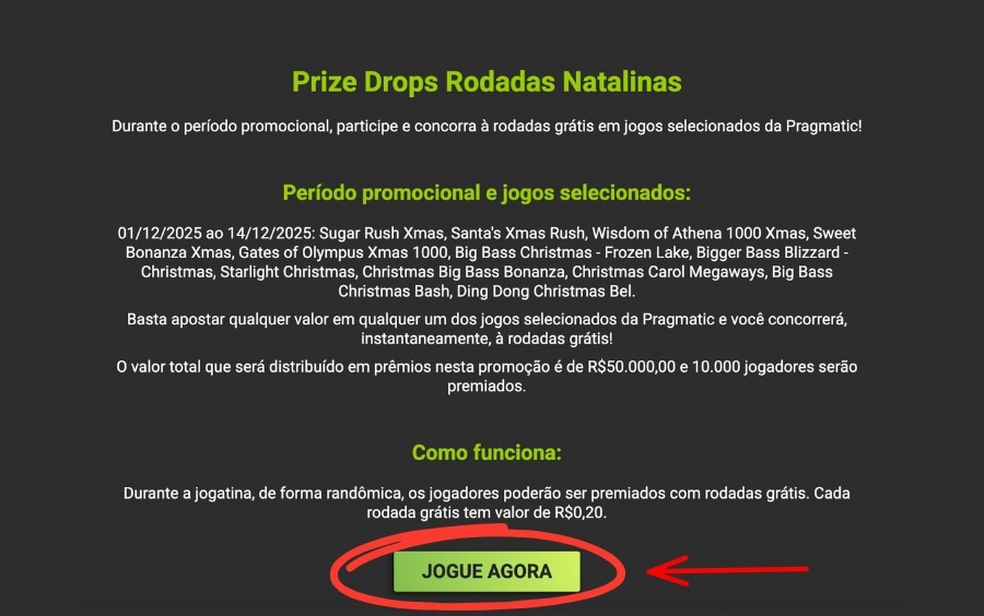 Página da promoção Prize Drops Rodadas Natalinas na F12.Bet com botão Jogue Agora em destaque.