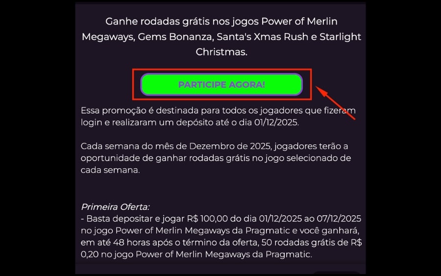 Tela da promoção de Rodadas Grátis Luva.BET com botão verde PARTICIPE AGORA em destaque para entrar no Jogo da Semana.
