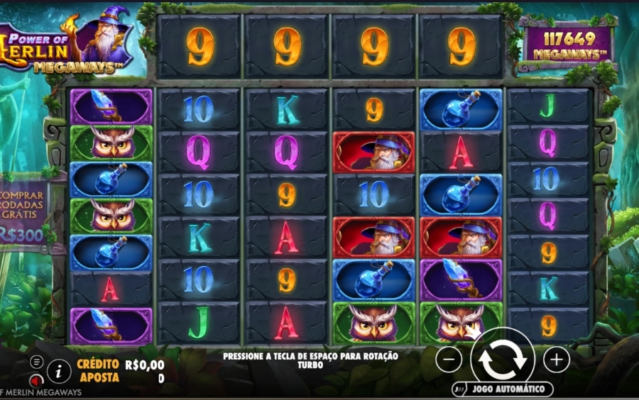 Tela do slot Power of Merlin Megaways na Luva.BET, mostrando os rolos em jogo como exemplo do Jogo da Semana para completar R$ 100 em apostas.