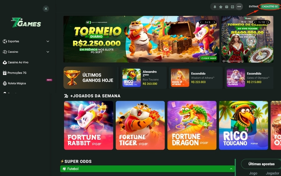 Tela inicial do site 7Games em desktop, com botão Cadastre-se em destaque para criar conta no cassino online.