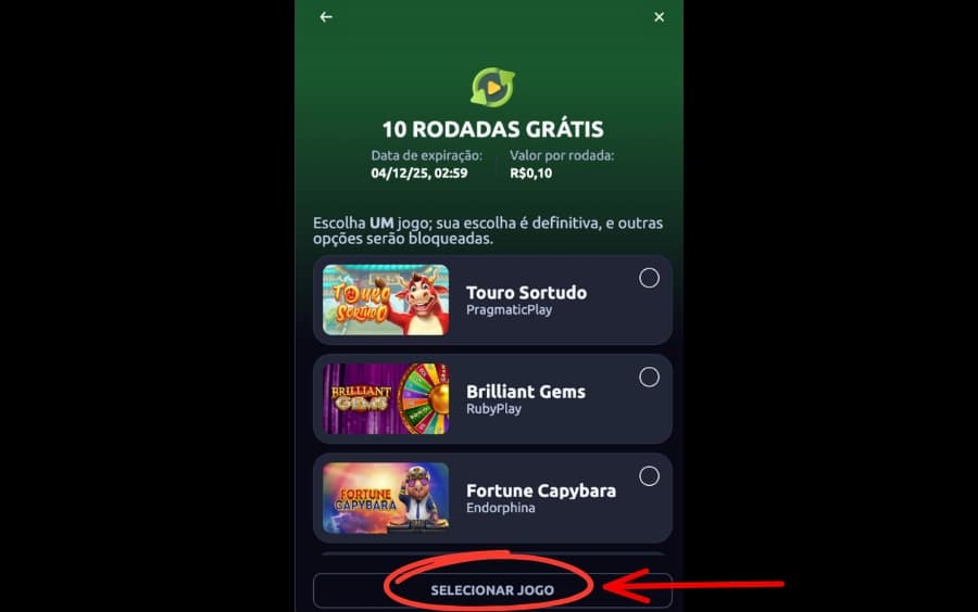 Tela Betano “10 RODADAS GRÁTIS” mostrando data de expiração, valor por rodada e lista de slots elegíveis como Touro Sortudo, com botão SELECIONAR JOGO.