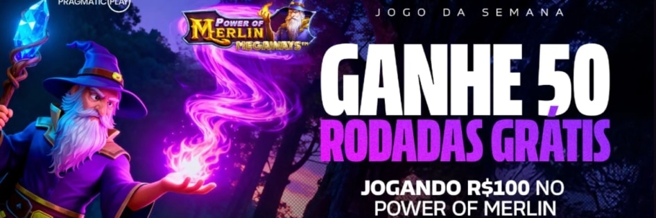 Banner do Jogo da Semana com destaque para Rodadas Grátis Luva.BET, mostrando oferta de ganhe 50 rodadas grátis jogando R$100 no slot Power of Merlin.