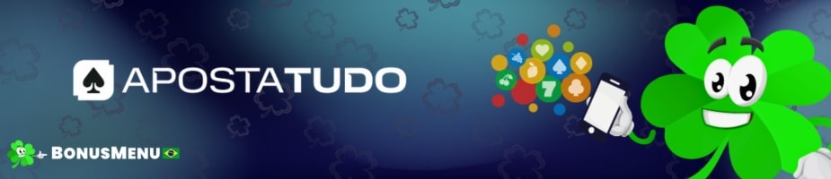 Banner do App ApostaTudo com mascote e ícones de jogos, destacando acesso pelo celular e recursos do BonusMenu.