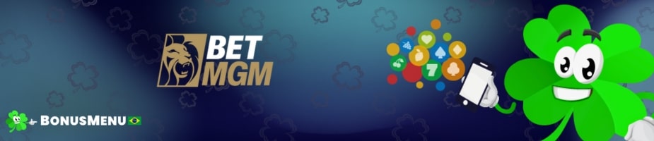 App BetMGM Brasil em banner com logo BetMGM e mascote segurando celular, destacando acesso pelo smartphone e recursos do cassino.