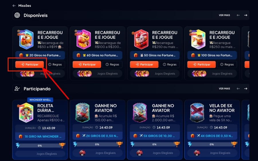 Página de Missões do ApostaTudo com botão Participar destacado para entrar na promoção e ativar o desafio.