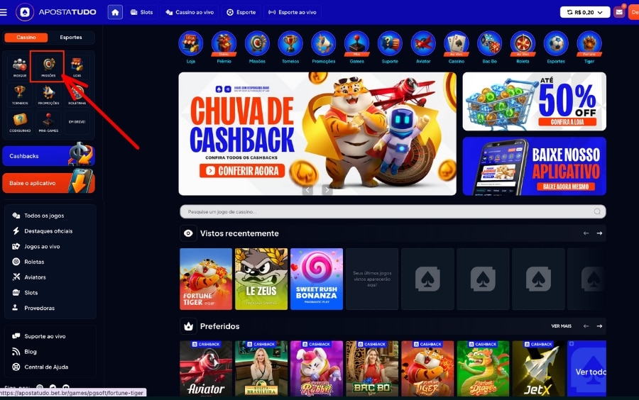 Menu do ApostaTudo exibindo as abas Promoções e Missões para abrir as ofertas oficiais da plataforma.