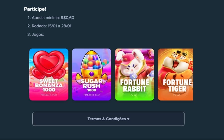 Seleção de slots coloridos como Sweet Bonanza 1000, Sugar Rush 1000, Fortune Rabbit e Fortune Tiger válidos para a promoção Conquiste o Cassino Stake.