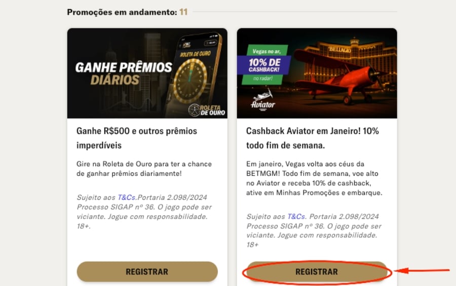 Página de promoções da BetMGM com cards de ofertas e botão ‘REGISTRAR’ para ativar a campanha.