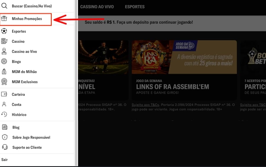 Menu lateral da BetMGM com a opção ‘Minhas Promoções’ destacada para acessar as campanhas ativas.
