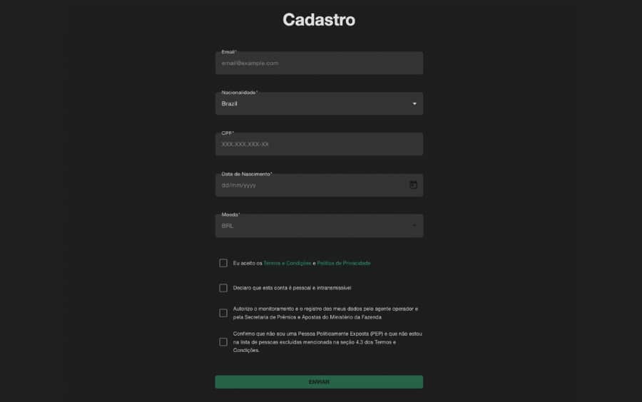 Formulário de cadastro Betbra para preencher e-mail, nacionalidade Brasil, CPF e data de nascimento.