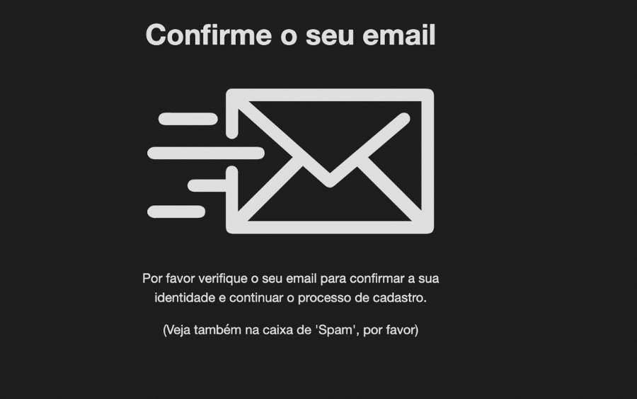 Tela da Betbra pedindo para confirmar o e-mail e continuar o processo de cadastro.
