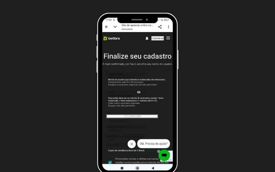 Finalize o cadastro Betbra escolhendo nome de usuário e criando uma senha forte com pelo menos 8 caracteres.