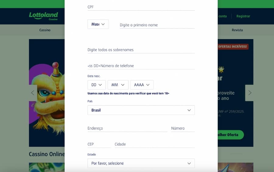 Formulário de cadastro da Lottoland solicitando nome, CPF, data de nascimento, telefone e endereço.