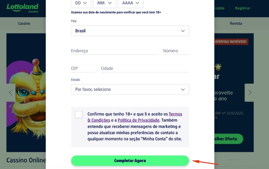 Etapa final do cadastro da Lottoland com confirmação de maioridade, aceite dos termos e botão “Completar Agora”.