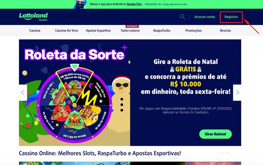Página inicial da Lottoland com o botão “Registrar” no canto superior direito para iniciar o cadastro.