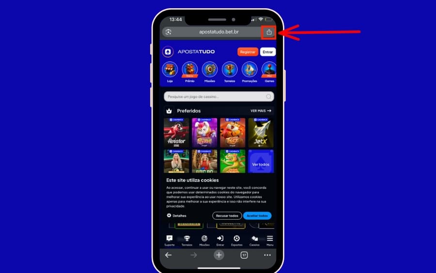 Botão de compartilhamento do Safari destacado no rodapé para criar atalho da ApostaTudo.