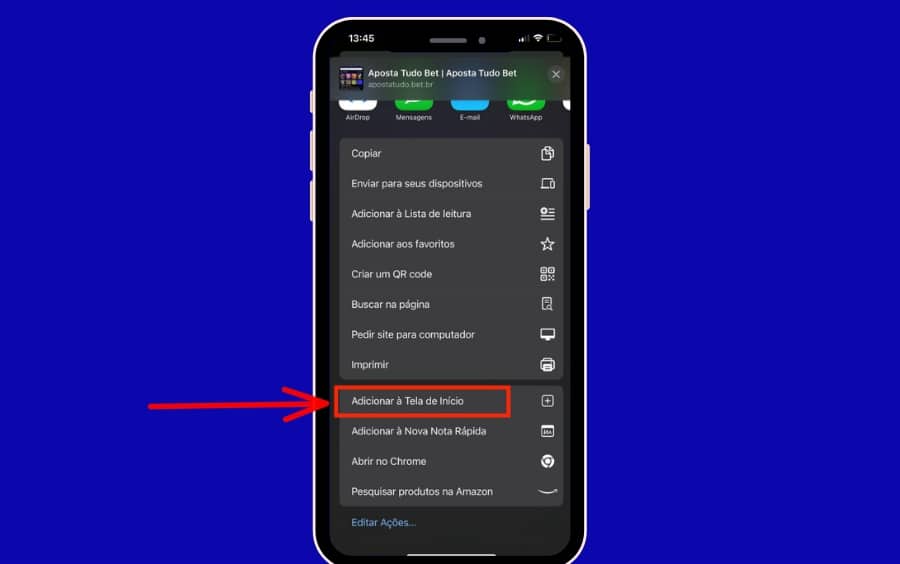 Menu do Safari com a opção “Adicionar à Tela de Início” selecionada para a ApostaTudo.