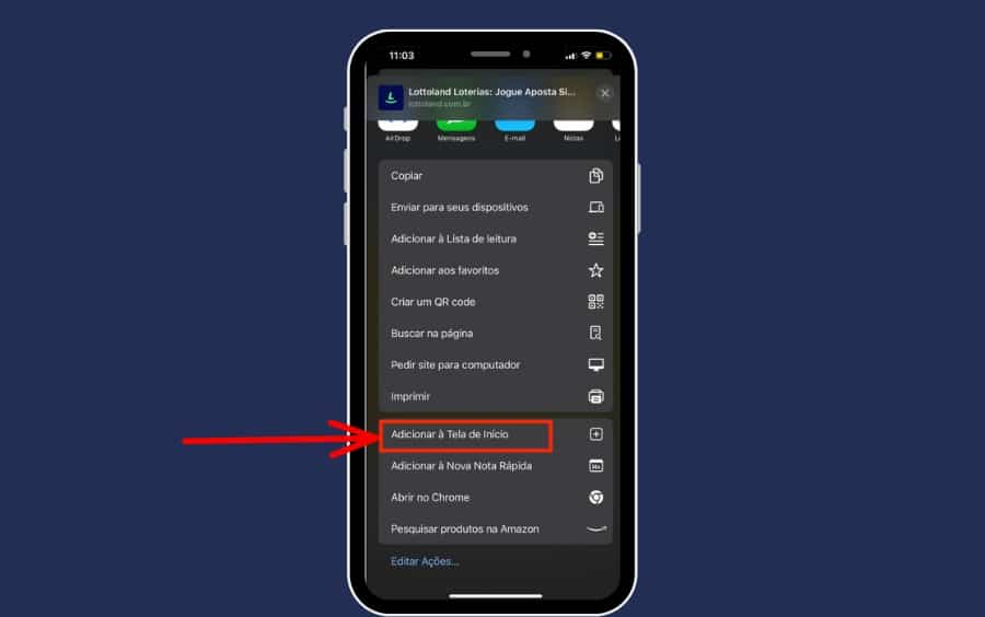 Menu de compartilhamento do iPhone mostrando a opção “Adicionar à Tela de Início” para salvar o atalho da Lottoland.