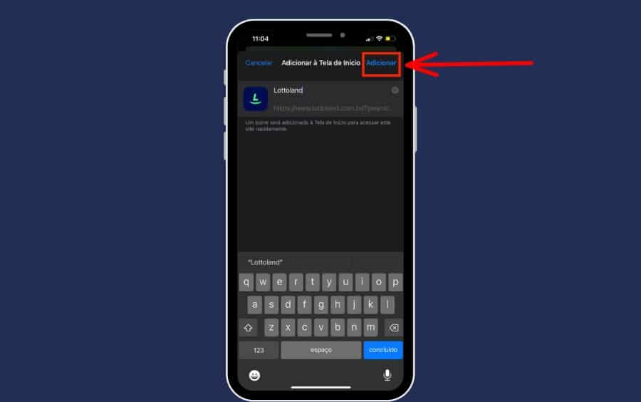 Tela do iPhone para nomear o atalho “Lottoland” e confirmar em “Adicionar” para colocar o ícone na tela inicial.