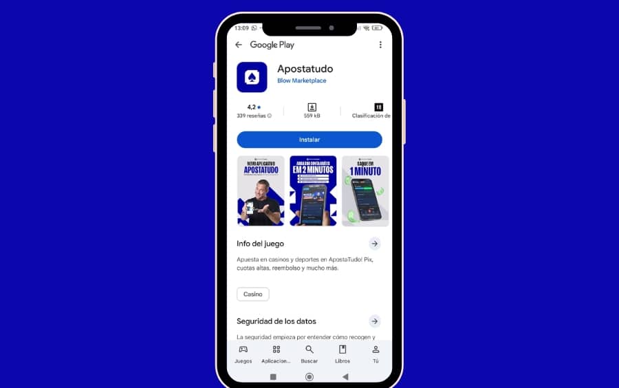 Página do app “Apostatudo” na Google Play, mostrando nome, nota e botão “Instalar” para download.