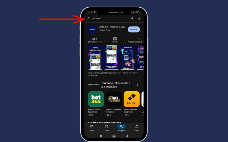 Campo de busca da Google Play Store com a pesquisa “Lottoland” e resultados exibindo o aplicativo oficial.