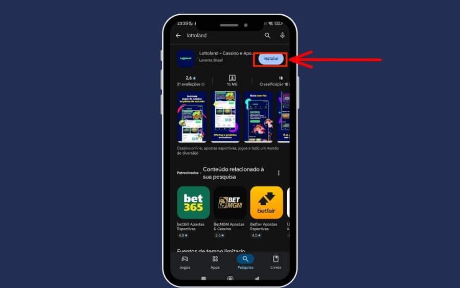 Página do Lottoland App na Google Play Store com o botão “Instalar” para iniciar o download e a instalação.